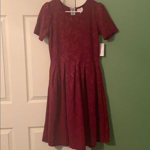 Lularoe Amelia Dress, maroon with bird indenting